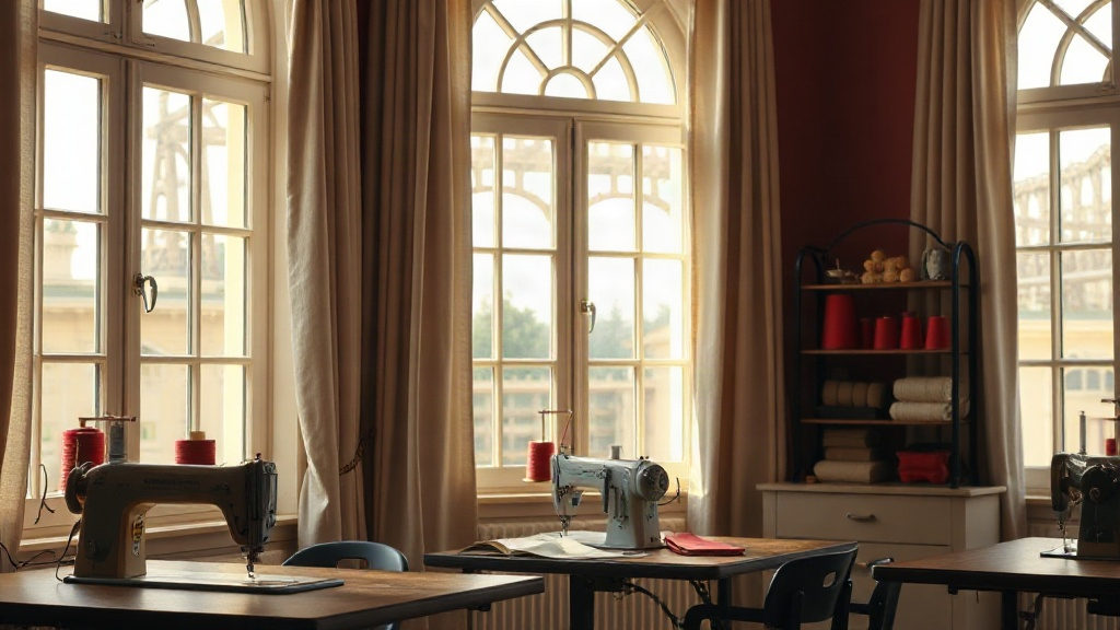 Sunlit sewing atelier with linen curtains
