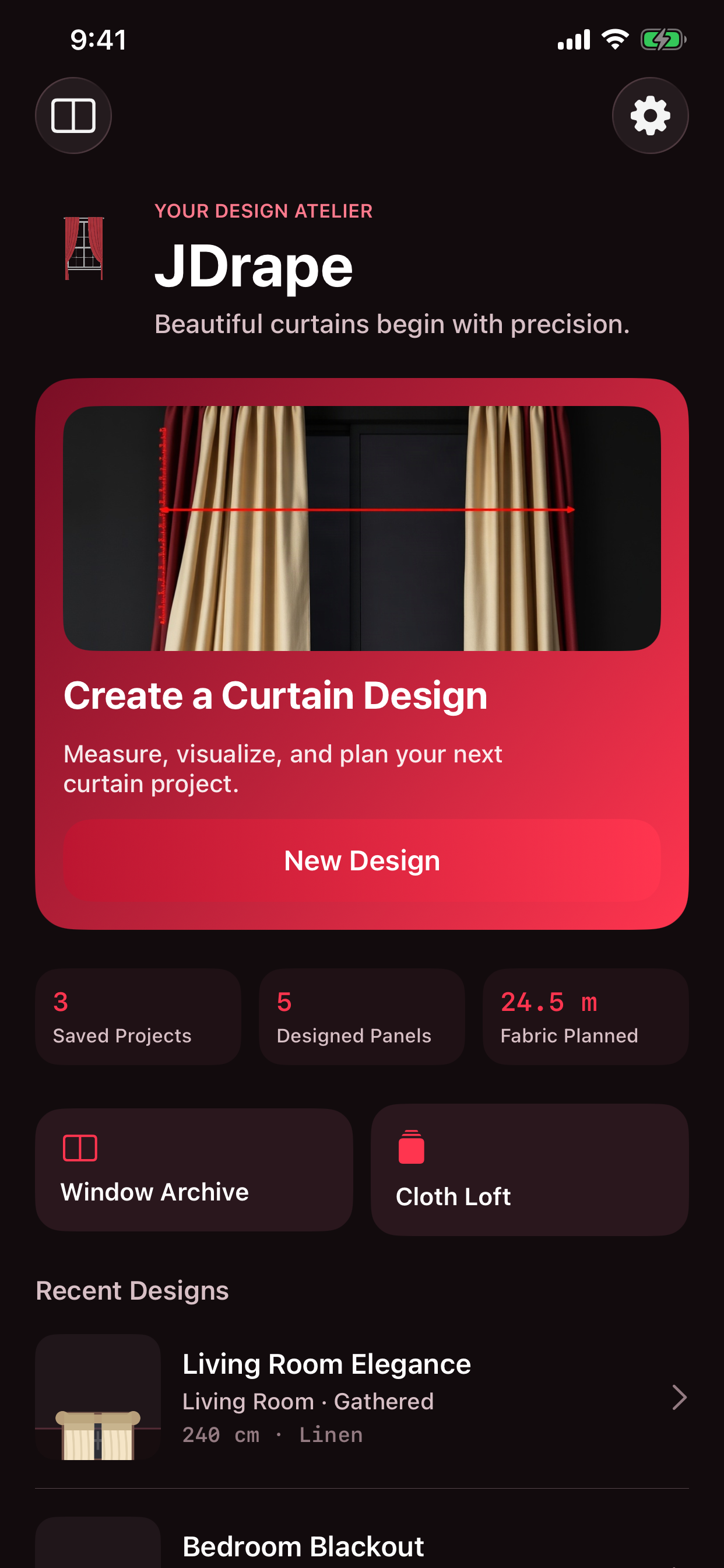 JDrape atelier dashboard with recent designs